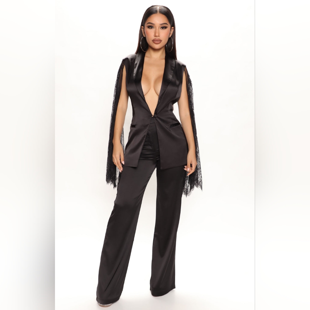 Set - Black Satin Blazer Vest Set With Matching High Waisted Pants